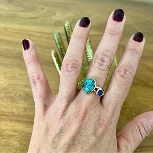 NWOT Sterling Silver Genuine Turquoise and Lapis Lazuli in Gold Band Stack Rings